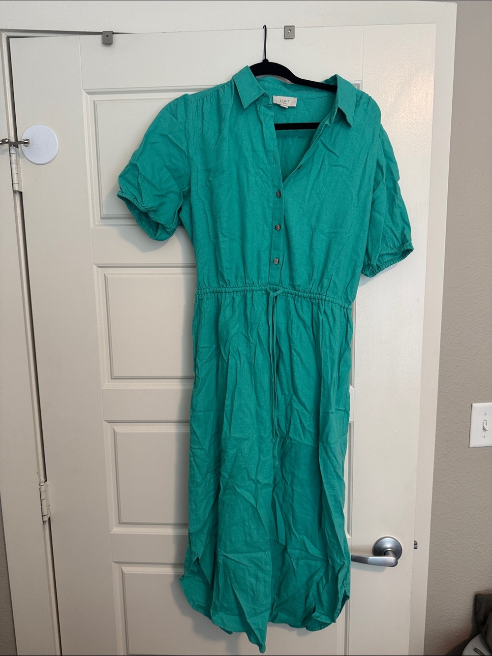 LOFT Teal Button-Front Linen Midi Dress